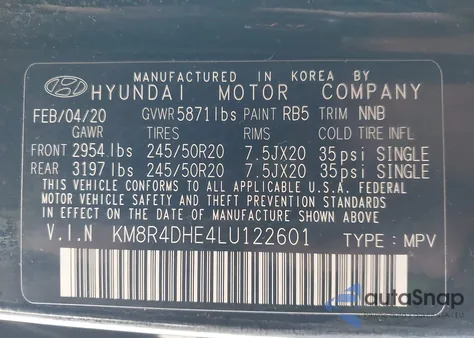 2020 Hyundai Palisade Sel из США, поврежденный, VIN KM8R4DHE4LU122601